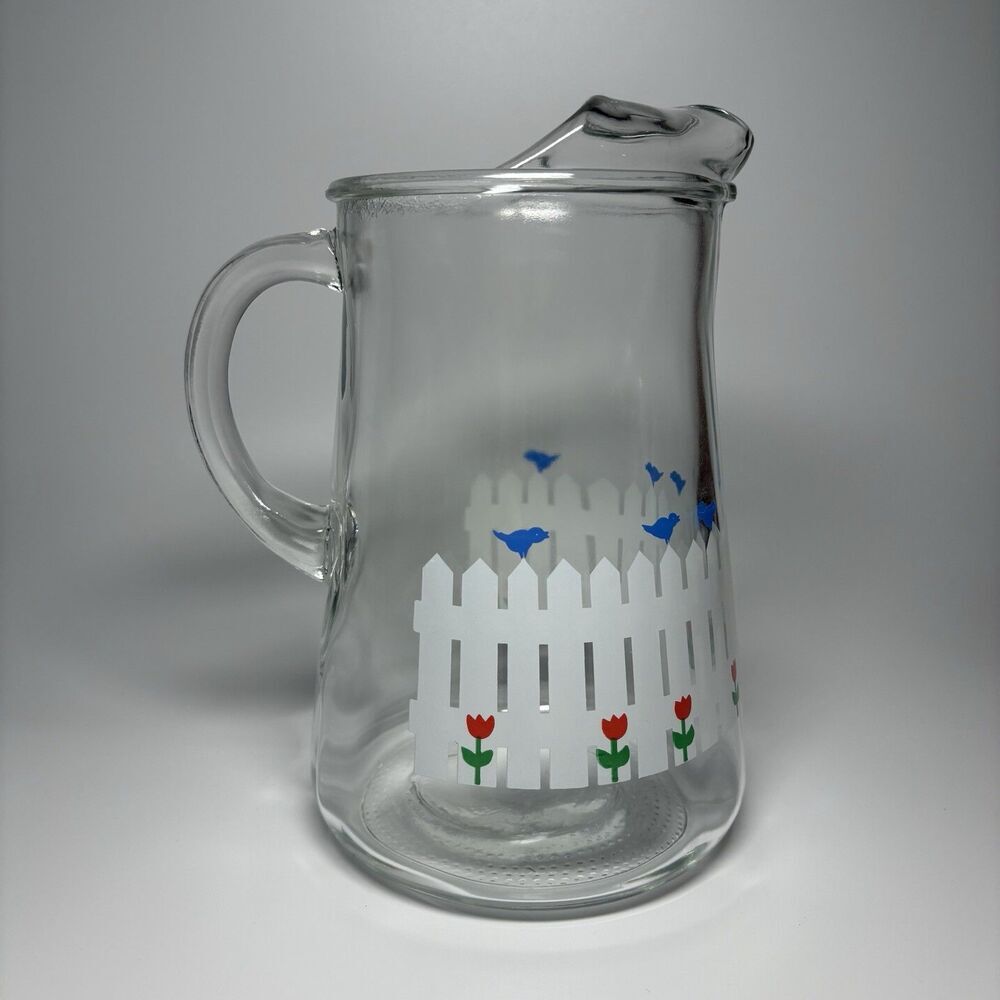 Libbey White Fence Blue Birds Red Flowers Clear Glass Pitcher 64 oz Cottagecore - Picture 2 of 6